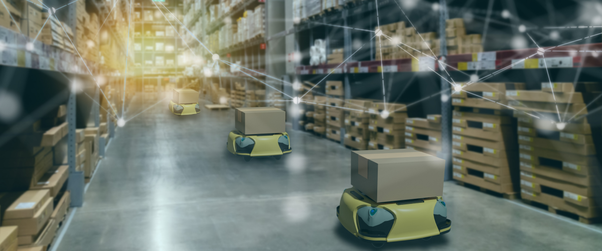 robots moving wares through warehouse